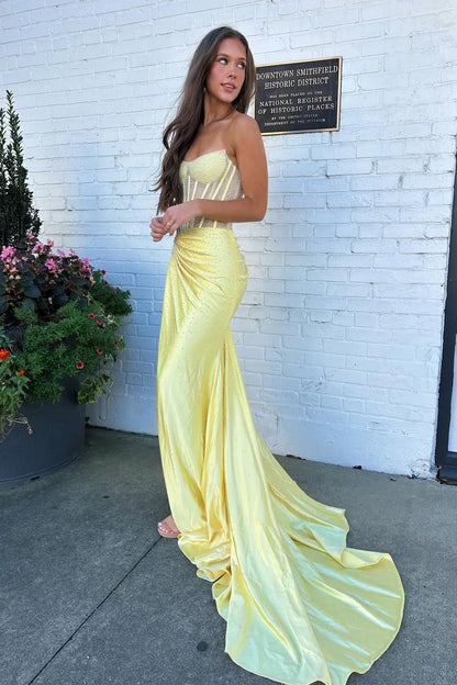 Glamorous Mermaid Sweetheart Strapless Beaded Yellow Evening Dress