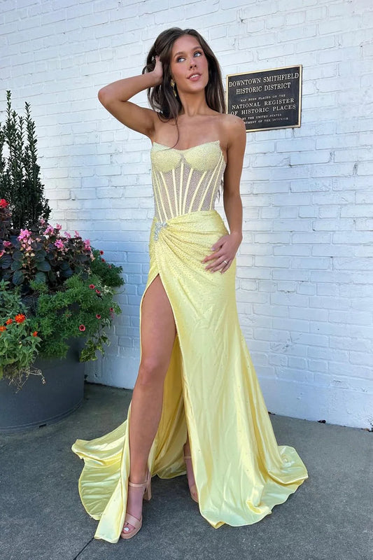 Glamorous Mermaid Sweetheart Strapless Beaded Yellow Evening Dress
