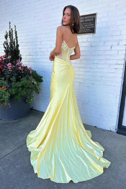 Glamorous Mermaid Sweetheart Strapless Beaded Yellow Evening Dress