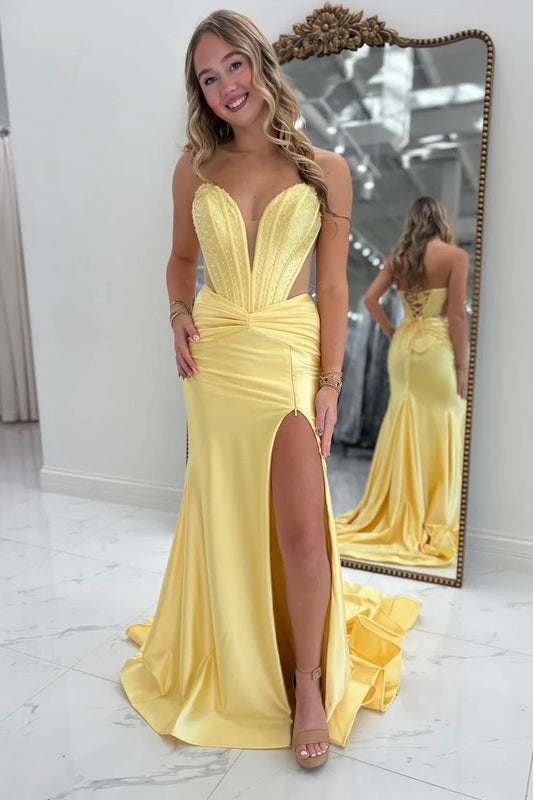 Glamorous Mermaid Sweetheart Strapless Beaded Yellow Prom Dress