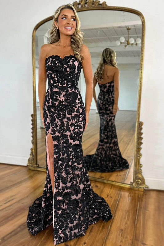 Glamorous Mermaid Sweetheart Strapless Lace Black Pink Prom Dress