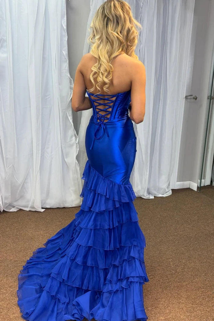 Glamorous Mermaid Sweetheart Strapless Lace Up Back High Side Slit Train Ruffles Tiered Prom Dresses