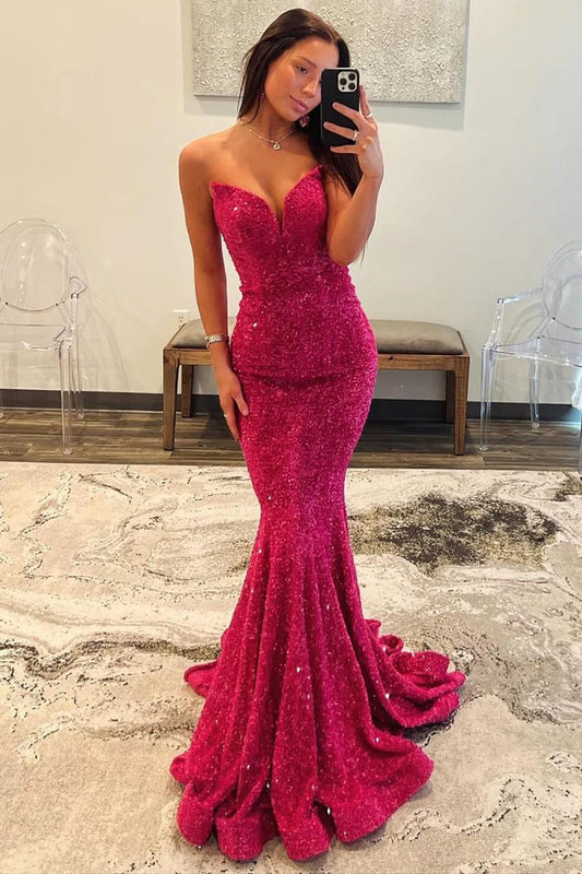 Glamorous Mermaid Sweetheart Strapless Sequin Fuchsia Prom Dress