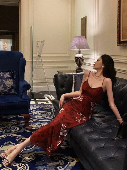 Glamorous Mermaid V-Neck Butterfly-Print Red Chiffon Long Prom Dresses