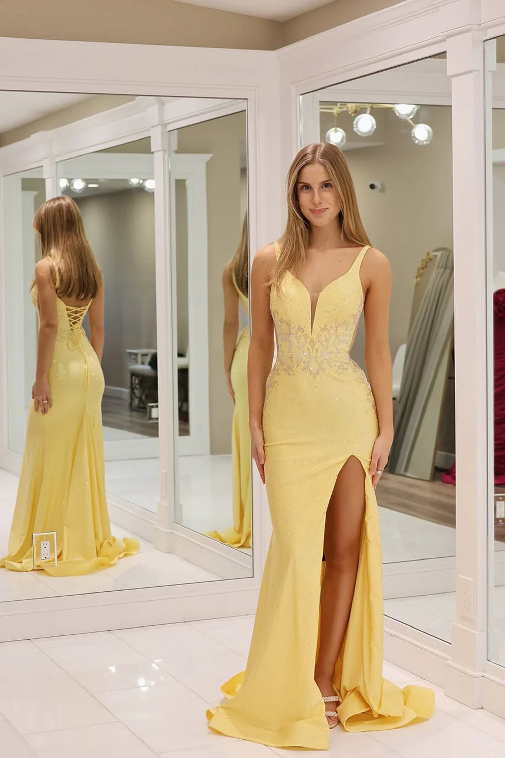 Glamorous Mermaid V-Neck Sequin Yellow Floor-Length Prom Dress