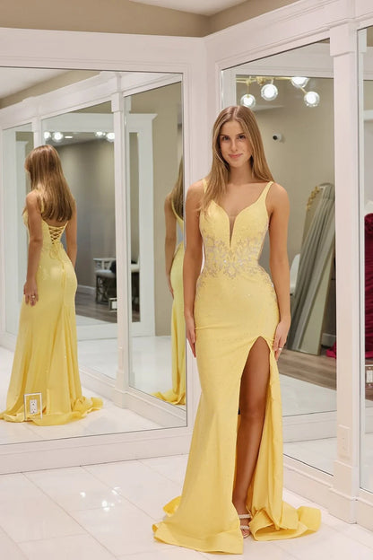 Glamorous Mermaid V-Neck Sequin Yellow Floor-Length Prom Dress