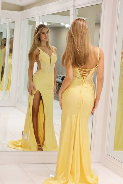 Glamorous Mermaid V-Neck Sequin Yellow Floor-Length Prom Dress