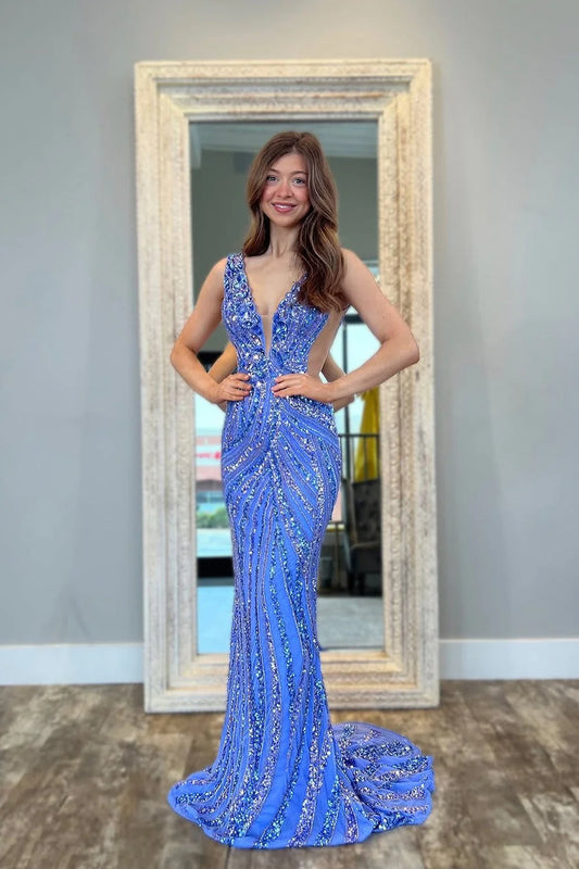 Glamorous Mermaid V-Neck Sleeveless Sequin Blue Prom Dress