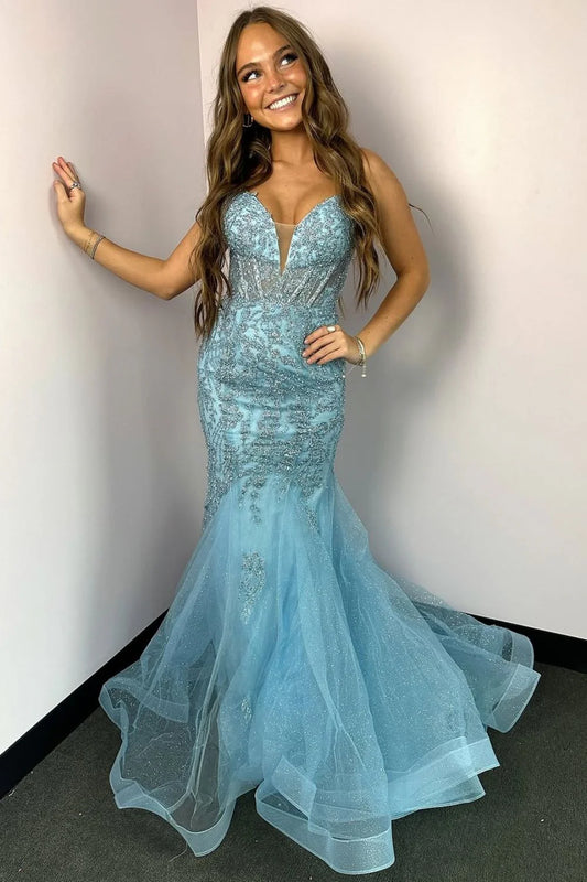 Glamorous Mermaid V Neck Beaded Light Blue Floor-Length Prom Dress