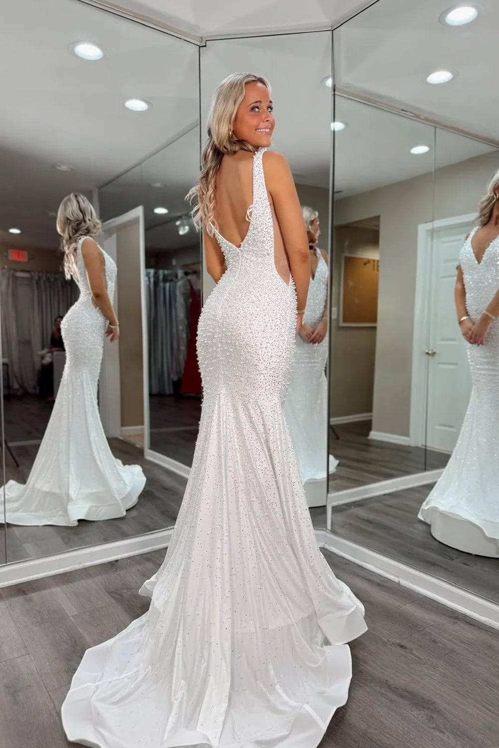 Glamorous Mermaid V Neck Beaded White Floor-Length Prom Dress