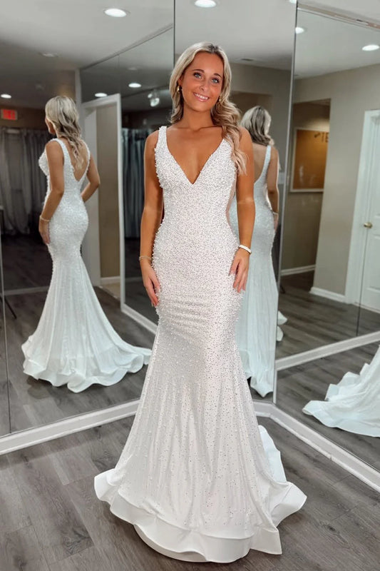 Glamorous Mermaid V Neck Beaded White Floor-Length Prom Dress