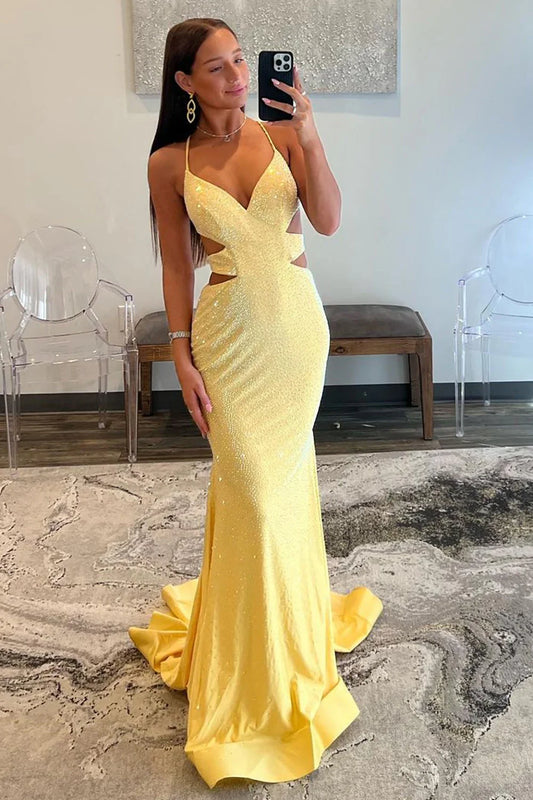 Glamorous Mermaid V Neck Sequin Yellow Floor-Length Prom Dress