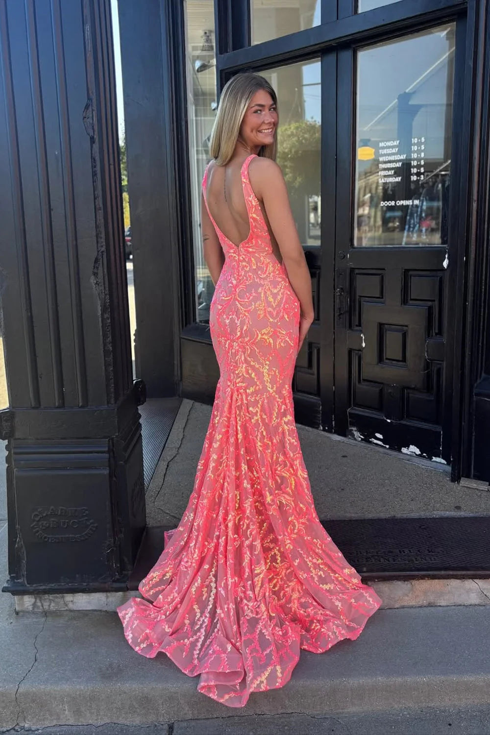 Glamorous Mermaid V Neck Sleeveless Sequin Coral Floor-Length Prom Dress