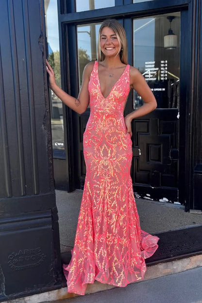Glamorous Mermaid V Neck Sleeveless Sequin Coral Floor-Length Prom Dress