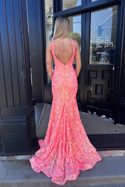 Glamorous Mermaid V Neck Sleeveless Sequin Coral Floor-Length Prom Dress