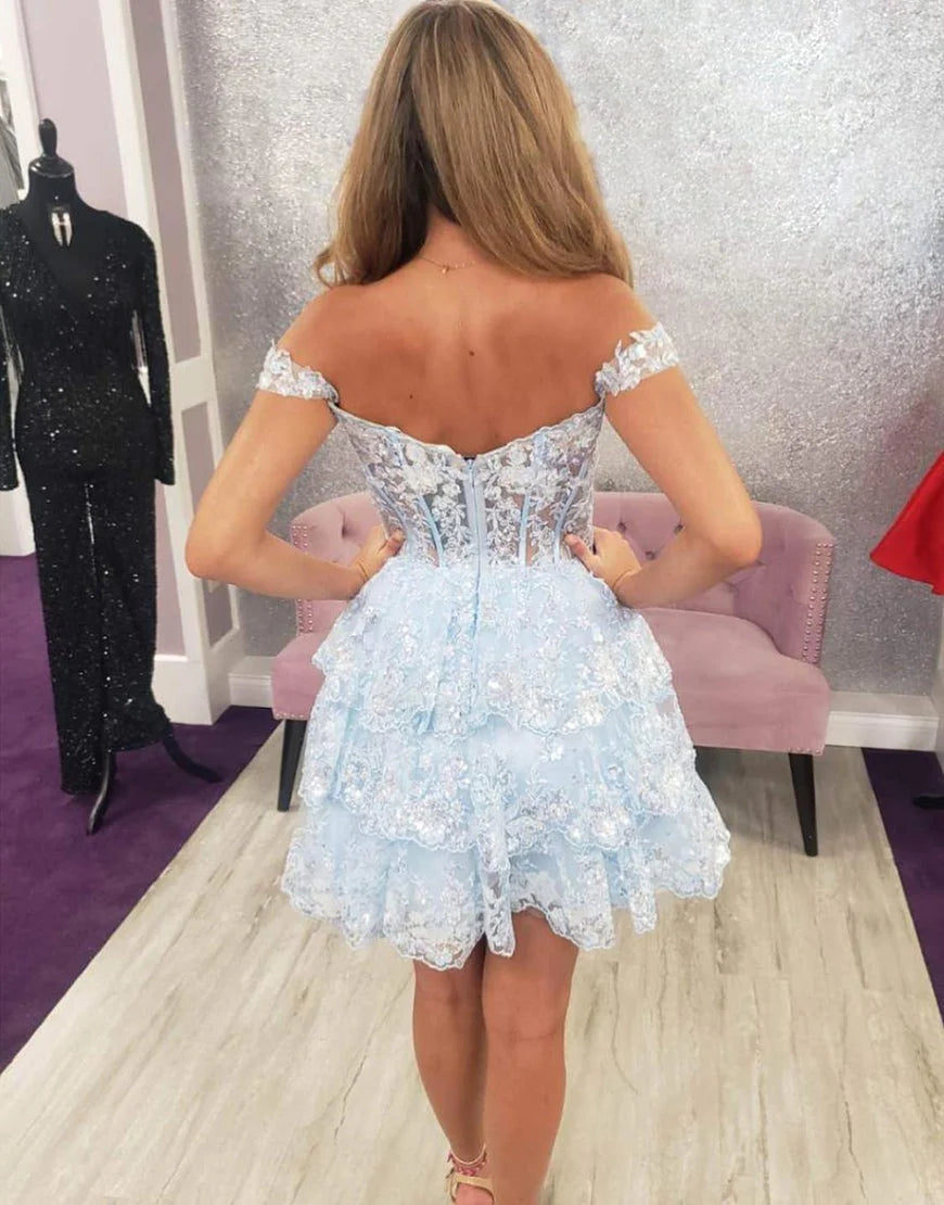 Glamorous Mini Sweetheart Off Shoulder Lace Light Blue Homecoming Dress