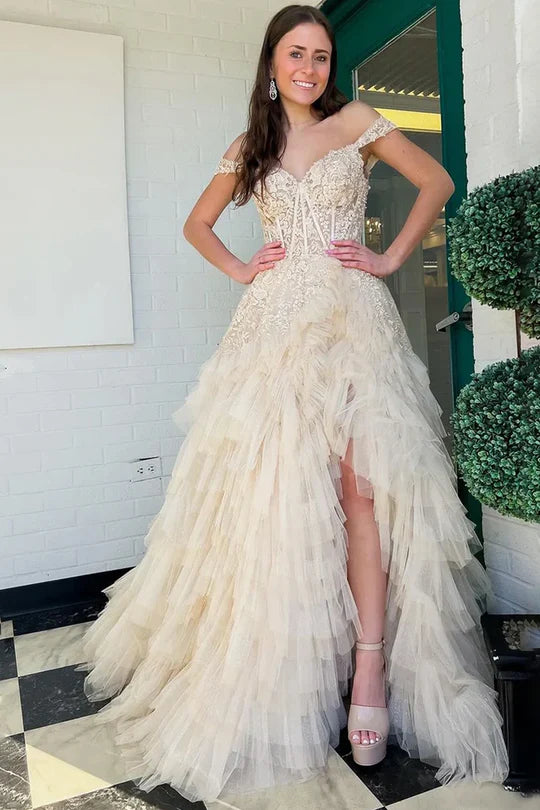 Glamorous Off-the-Shoulder Beaded Champagne Floor-Length Prom Dress