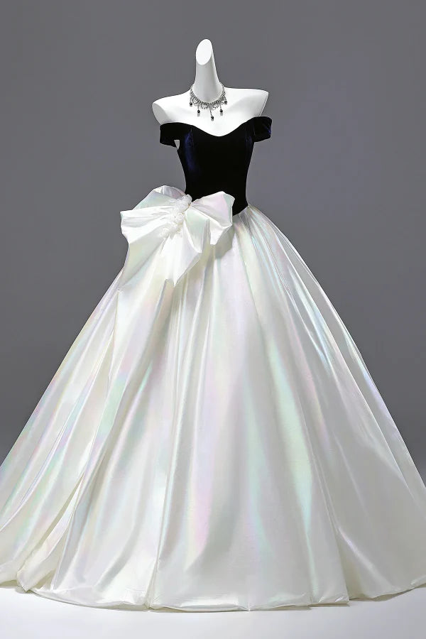 Glamorous Off-the-Shoulder Bow-Adorned Iridescent White Long Prom Dresses