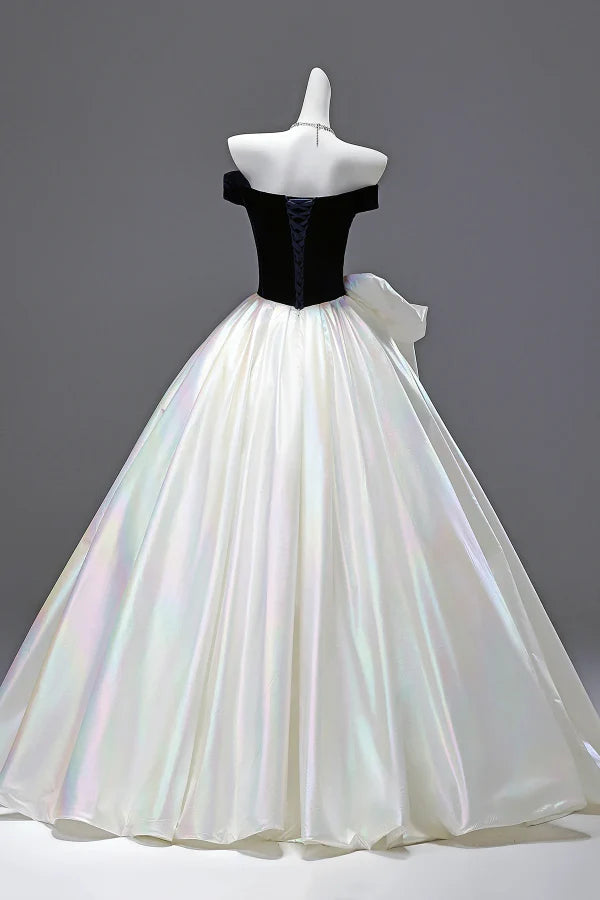 Glamorous Off-the-Shoulder Bow-Adorned Iridescent White Long Prom Dresses