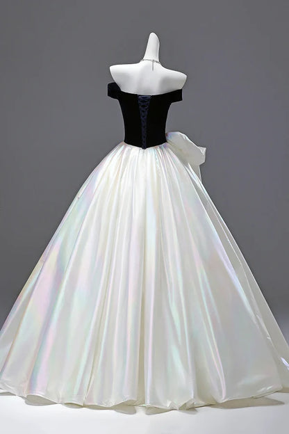 Glamorous Off-the-Shoulder Bow-Adorned Iridescent White Long Prom Dresses
