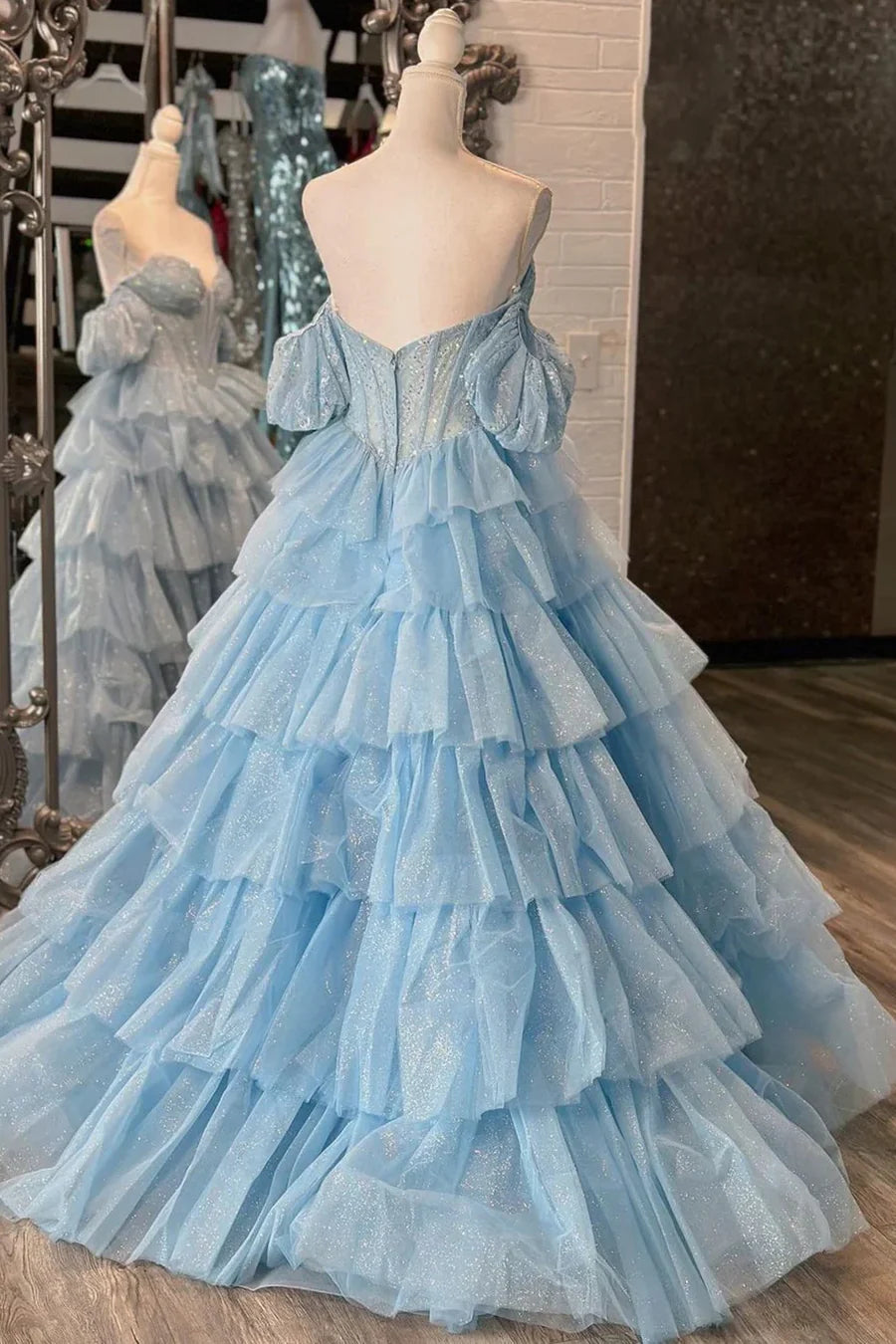 Glamorous Off-the-Shoulder Puff Sleeve Ruffled Light Blue Floor Party Dress