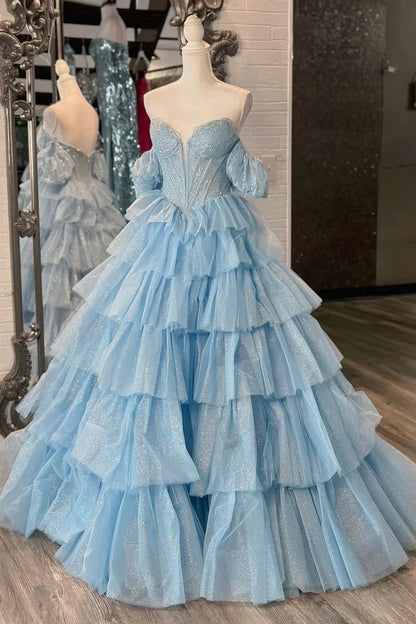 Glamorous Off-the-Shoulder Puff Sleeve Ruffled Light Blue Floor Party Dress