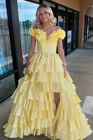 Glamorous Off-the-Shoulder Ruffled Yellow Floor-Length Evening Dress