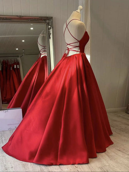 Glamorous Scoop Neck Sleeveless Lace-Up Red Floor-Length Evening Dress