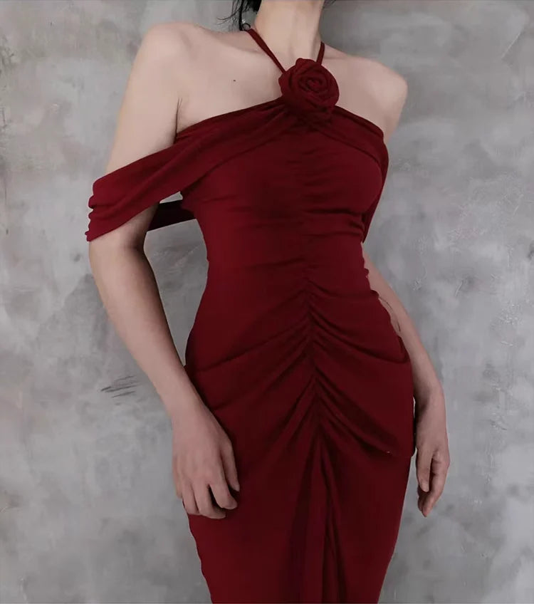 Glamorous Sheath Halter-Neck Ruched Burgundy Jersey Long Party Dresses