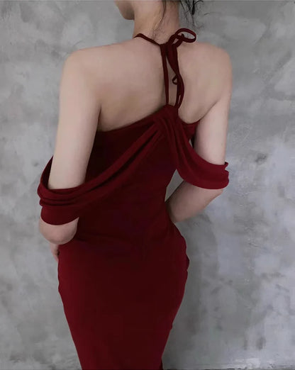 Glamorous Sheath Halter-Neck Ruched Burgundy Jersey Long Party Dresses