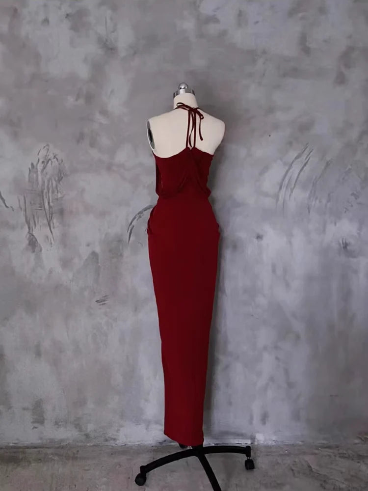 Glamorous Sheath Halter-Neck Ruched Burgundy Jersey Long Party Dresses
