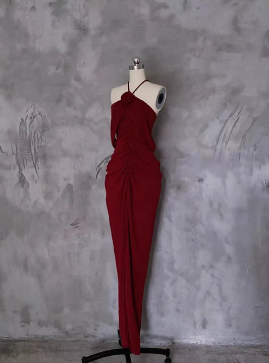 Glamorous Sheath Halter-Neck Ruched Burgundy Jersey Long Party Dresses