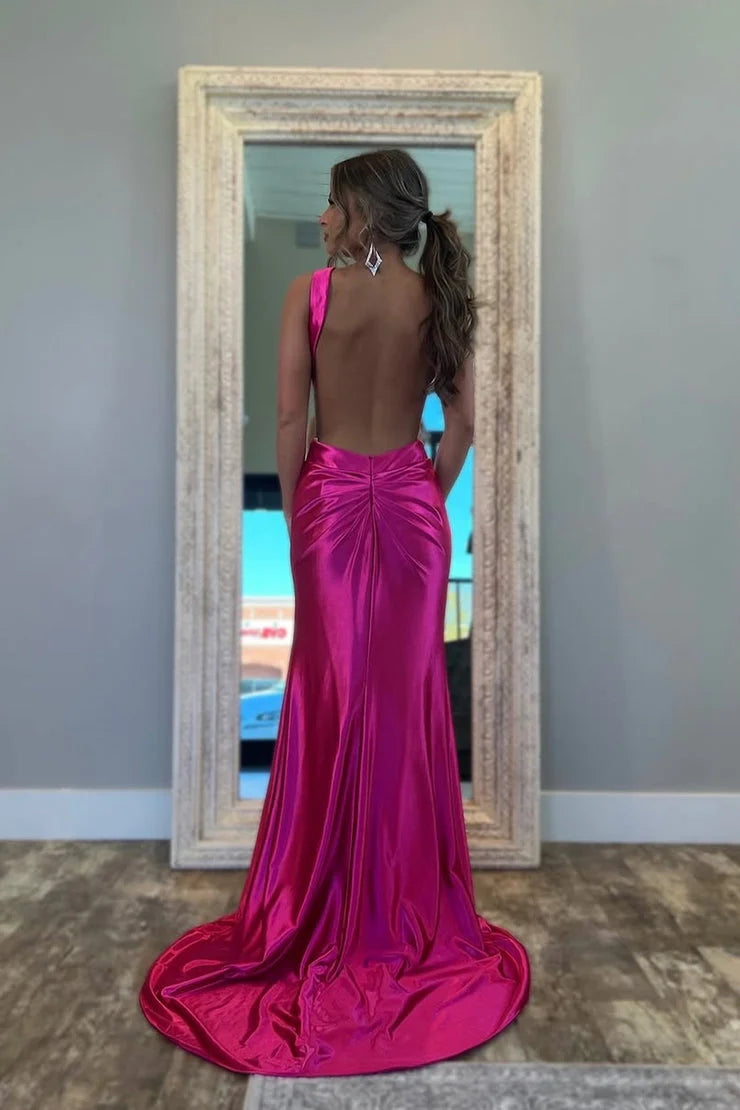 Glamorous Sheath Halter Cutout Hot Pink Floor-Length Prom Dress