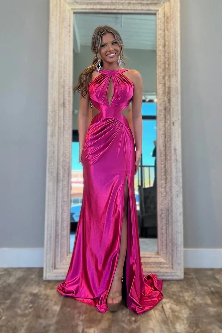 Glamorous Sheath Halter Cutout Hot Pink Floor-Length Prom Dress