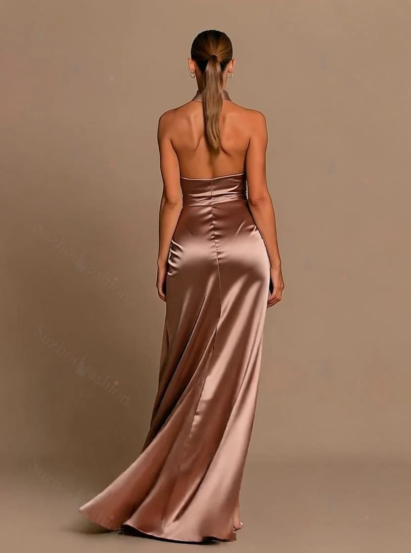 Glamorous Sheath Halter Ruched Rose Gold Floor-Length Prom Dress