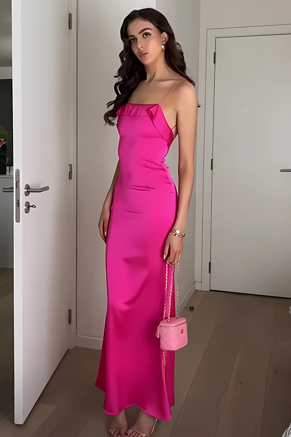 Glamorous Sheath Spaghetti Strap Ruffle Hot Pink Floor-Length Prom Dress