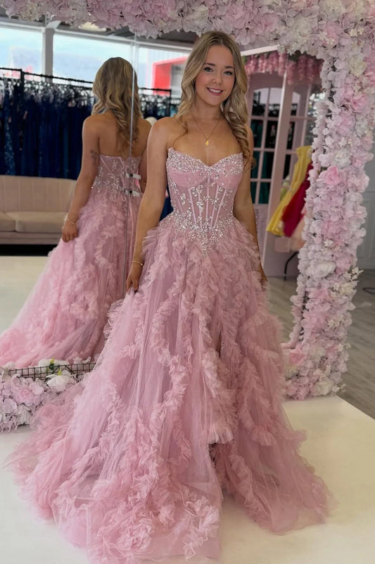 Glamorous Spaghetti Strap Ruffled Pink Floor-Length Prom Dress