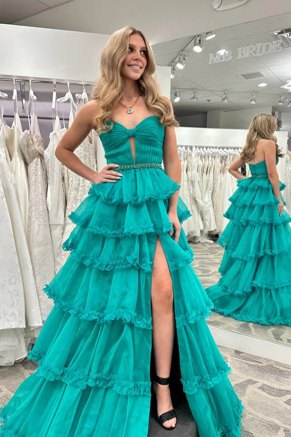 Glamorous Strapless Ruffle Teal Floor-Length Prom Dress