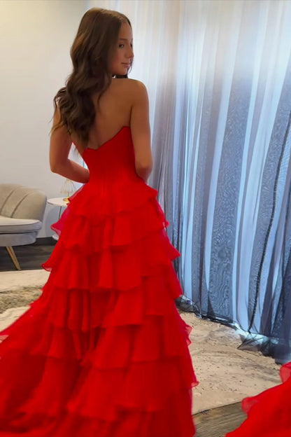Glamorous Strapless Ruffled Red Floor-Length Prom Dress