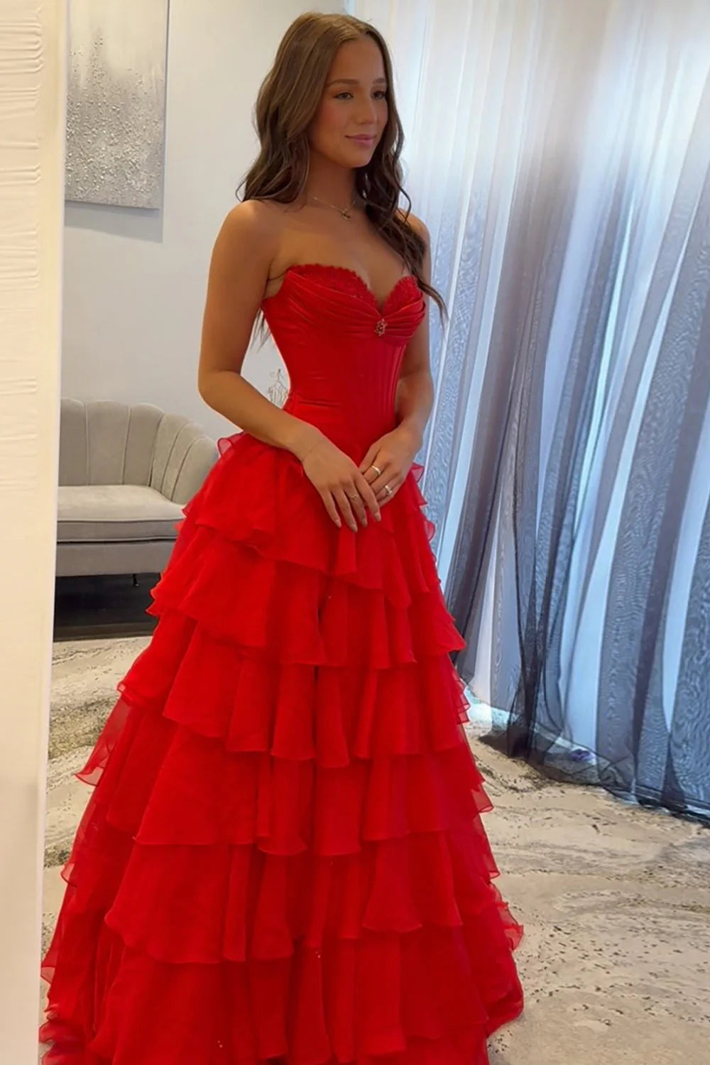 Glamorous Strapless Ruffled Red Floor-Length Prom Dress