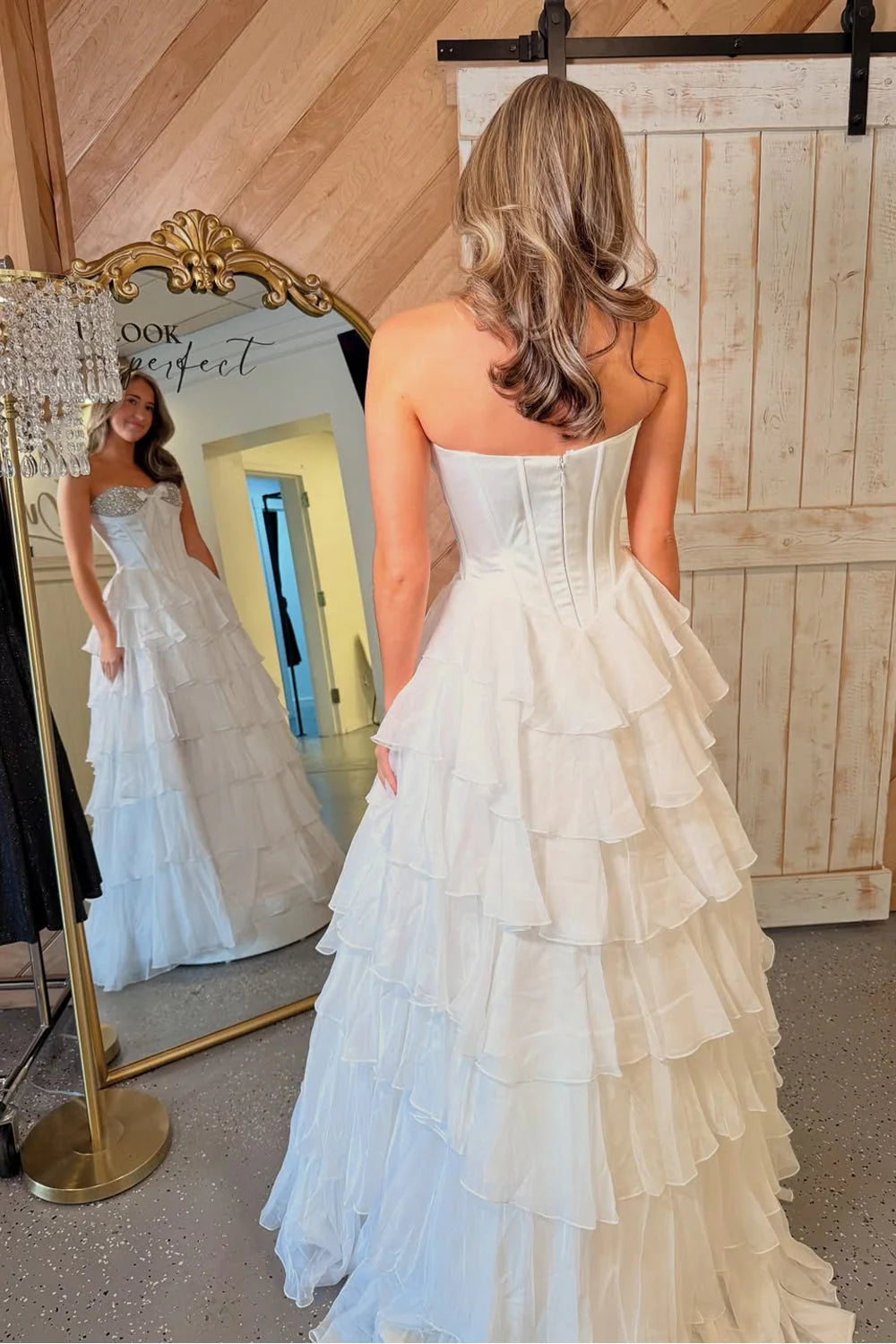Glamorous Strapless Ruffled White Floor-Length Prom Dress