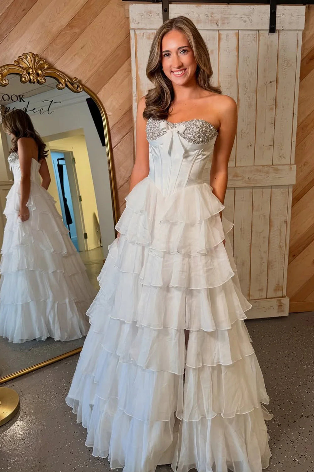 Glamorous Strapless Ruffled White Floor-Length Prom Dress