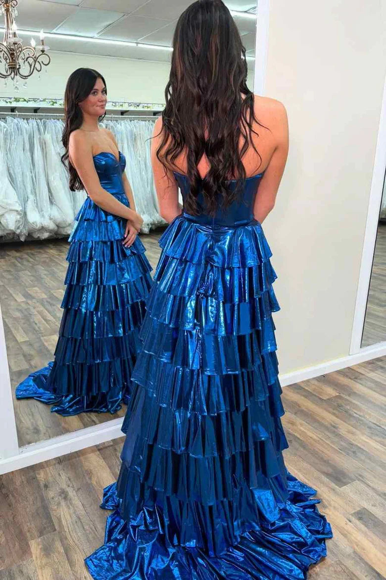 Glamorous Strapless Sleeveless Ruffled Metallic Blue Floor-Length Party Dress
