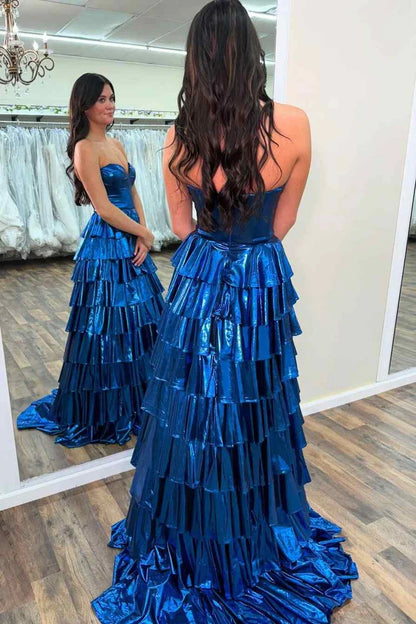 Glamorous Strapless Sleeveless Ruffled Metallic Blue Floor-Length Party Dress