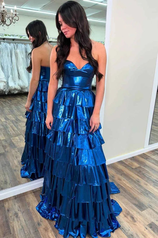 Glamorous Strapless Sleeveless Ruffled Metallic Blue Floor-Length Party Dress