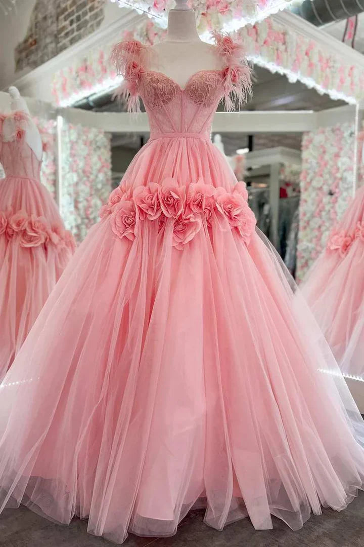 Glamorous Sweetheart Floral Pink Floor-Length Wedding Dress