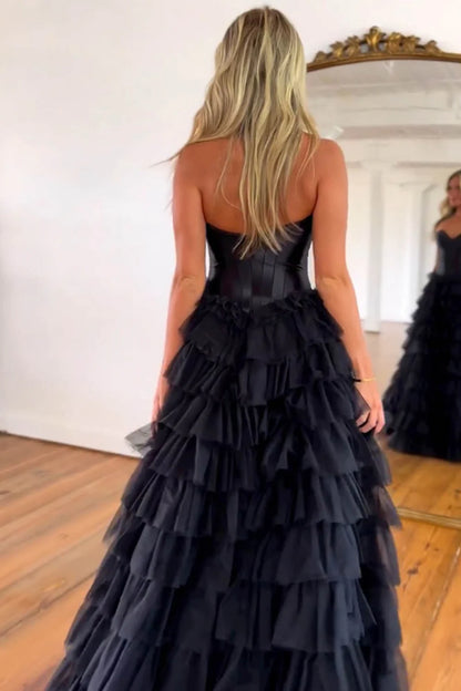 Glamorous Sweetheart Strapless Ruffled Black Floor-Length Prom Dress