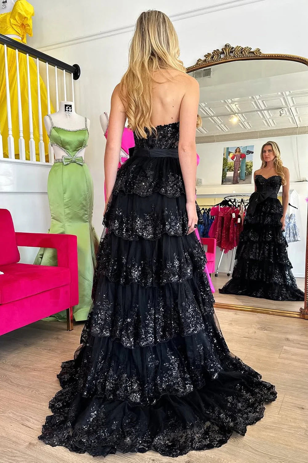 Glamorous Sweetheart Strapless Sequin Black Floor-Length Prom Dress