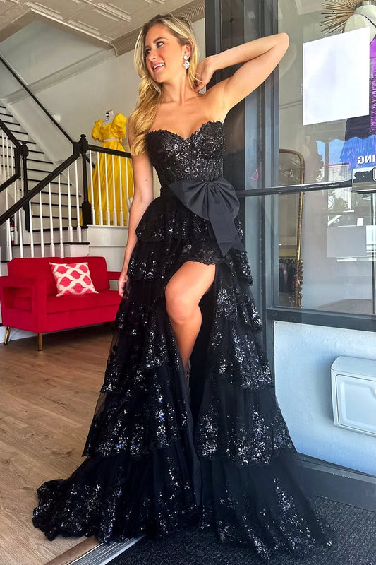 Glamorous Sweetheart Strapless Sequin Black Floor-Length Prom Dress