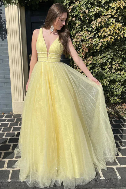 Glamorous V-Neck Beaded Yellow Floor-Length Prom Dress
